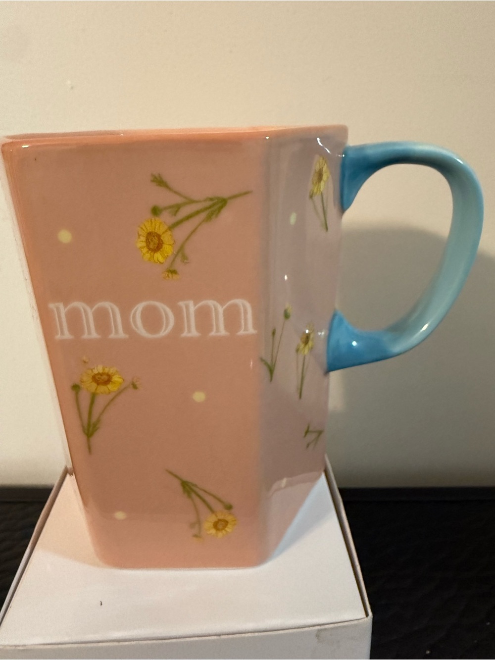 Anthropologie Coffee Mug Floral 'mom' Ceramic Blue Handle 4”